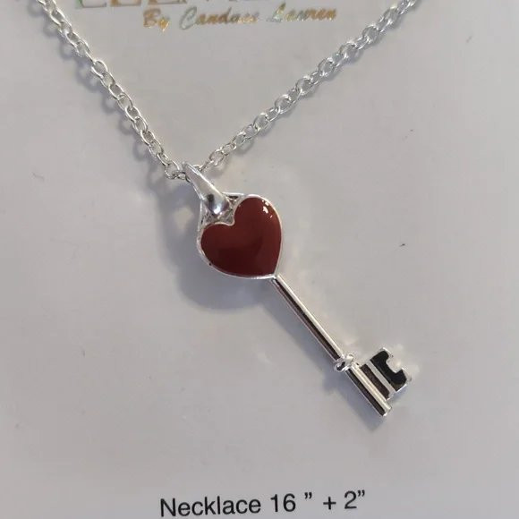 Silver and Red Heart & Key Pendant Necklace - Picture 6 of 6
